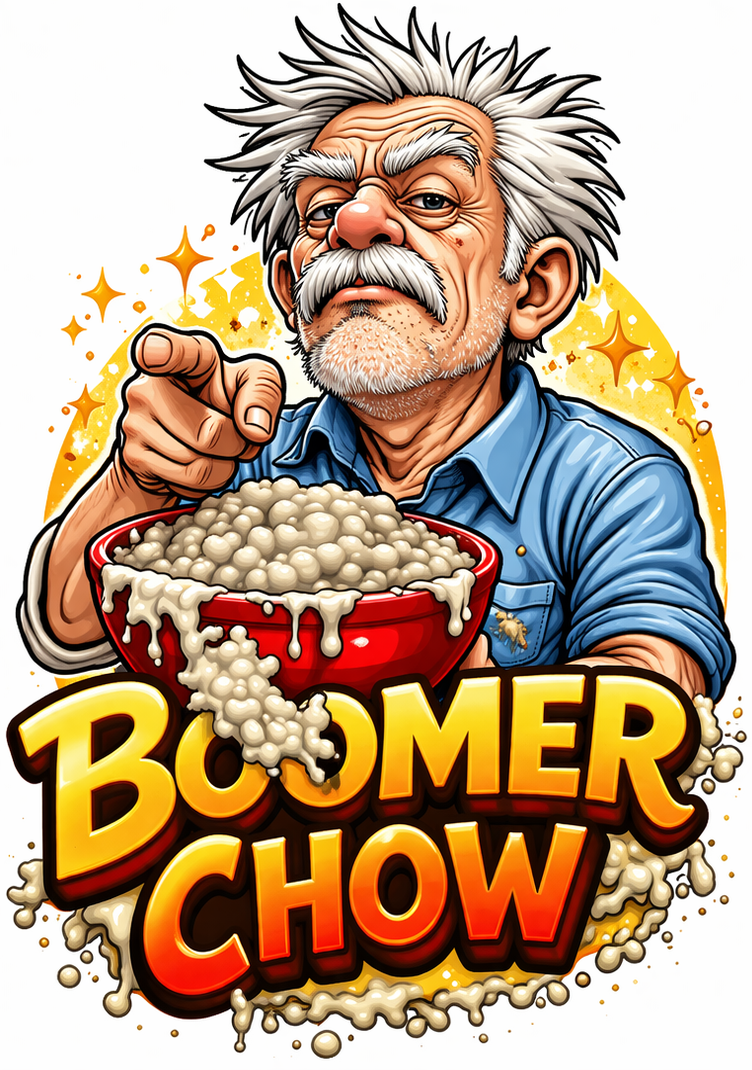 BoomerChow mascot in a severe editorial pose.