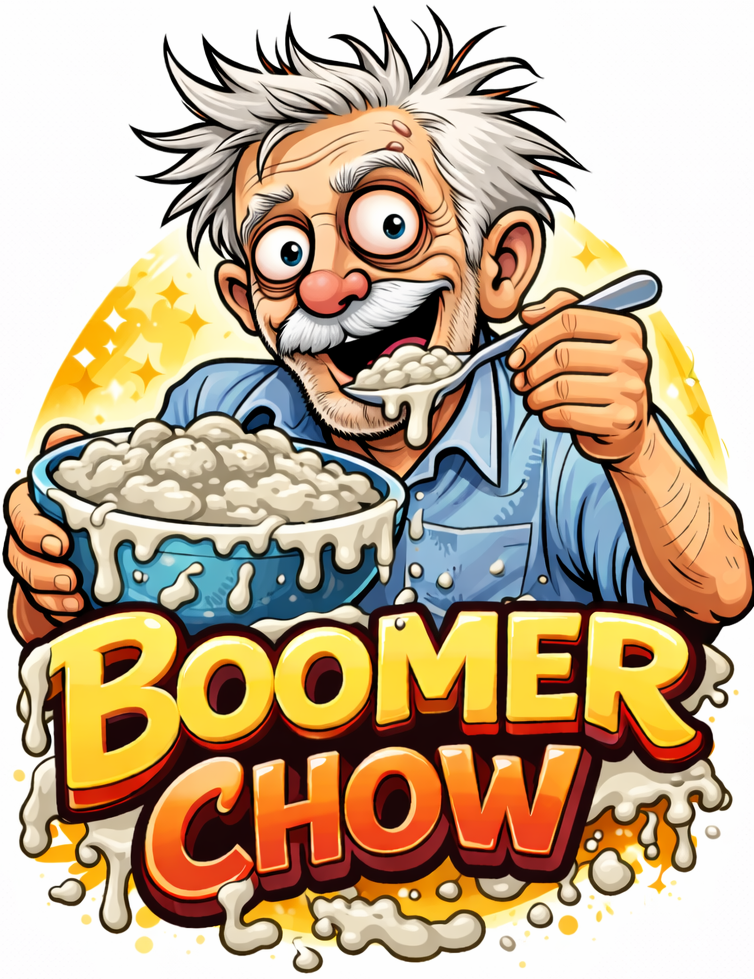 BoomerChow mascot in a chain-mail excitement pose.